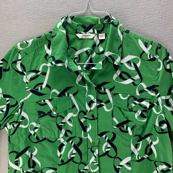 Liz Claiborne Womens Shirt Large Green Blue Button Up‎ Lightweight Nautical - Picture 2 of 12